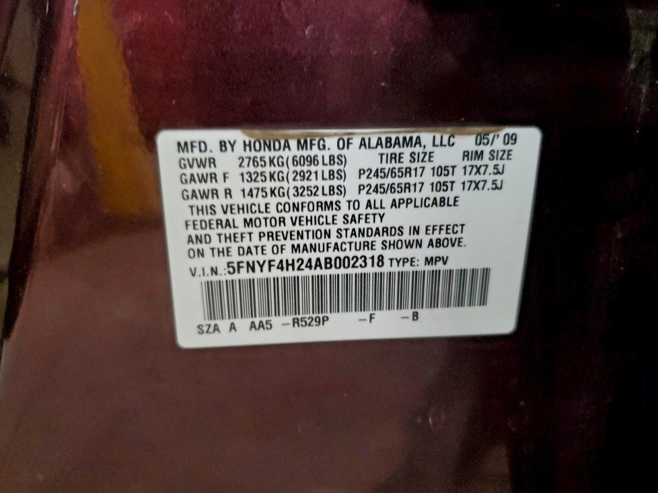 2010 Honda Pilot Lx VIN: 5FNYF4H24AB002318 Lot: 93851055