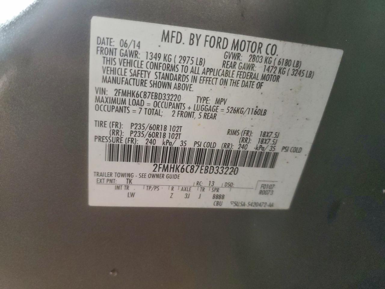 2014 Ford Flex Sel VIN: 2FMHK6C87EBD33220 Lot: 93930615