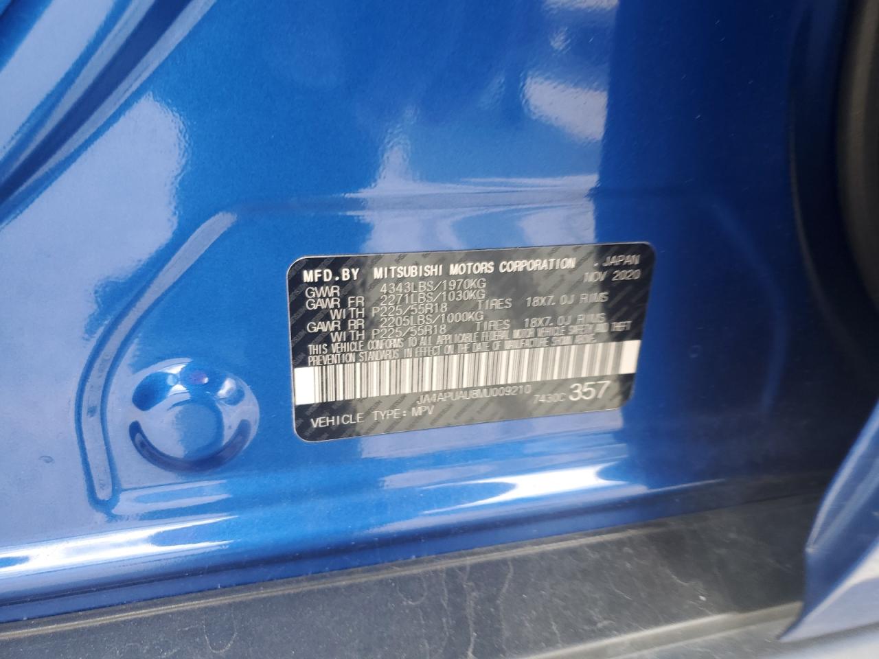 2021 Mitsubishi Outlander Sport Es VIN: JA4APUAU8MU009210 Lot: 92052965