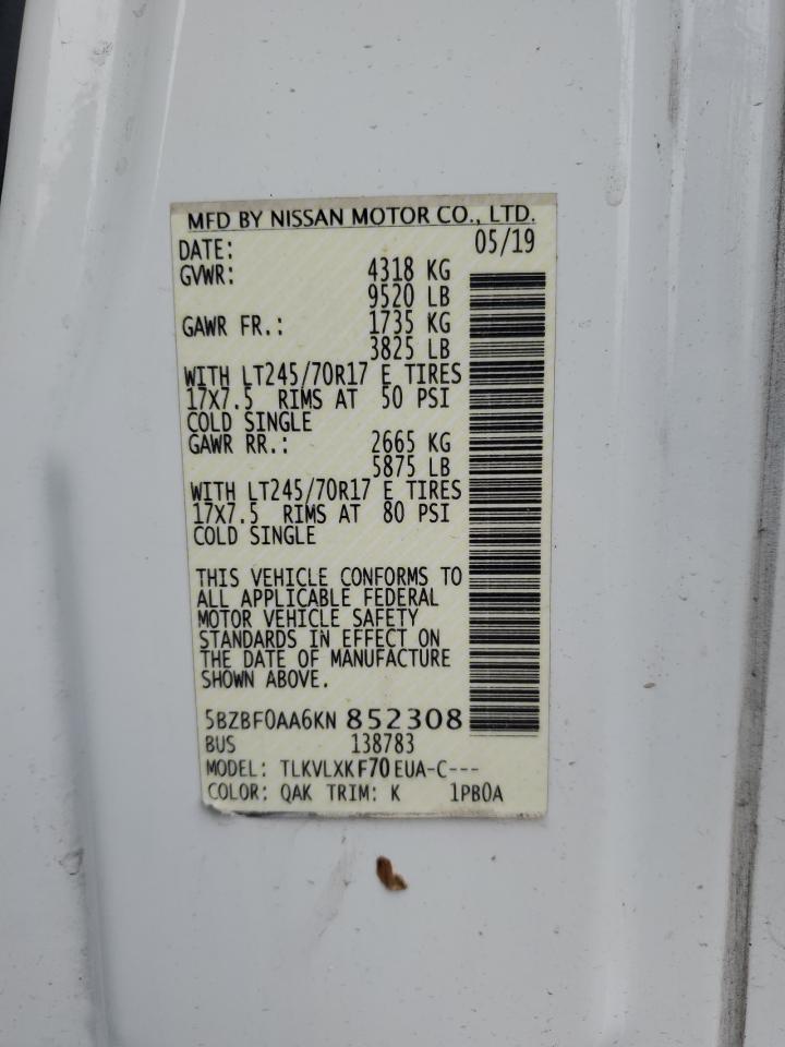 2019 Nissan Nv 3500 VIN: 5BZBF0AA6KN852308 Lot: 91891565