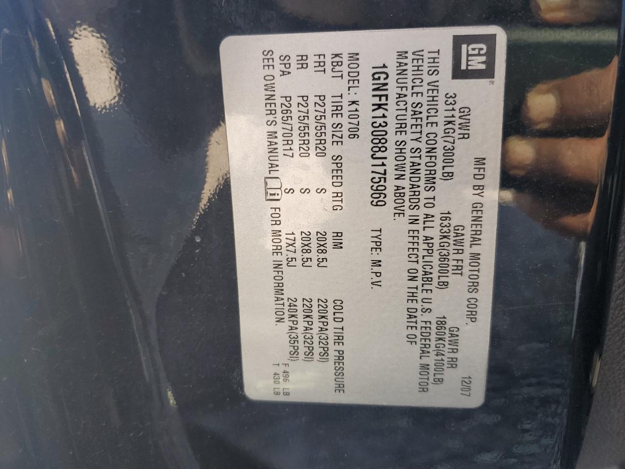 2008 Chevrolet Tahoe K1500 VIN: 1GNFK13088J175969 Lot: 91428095