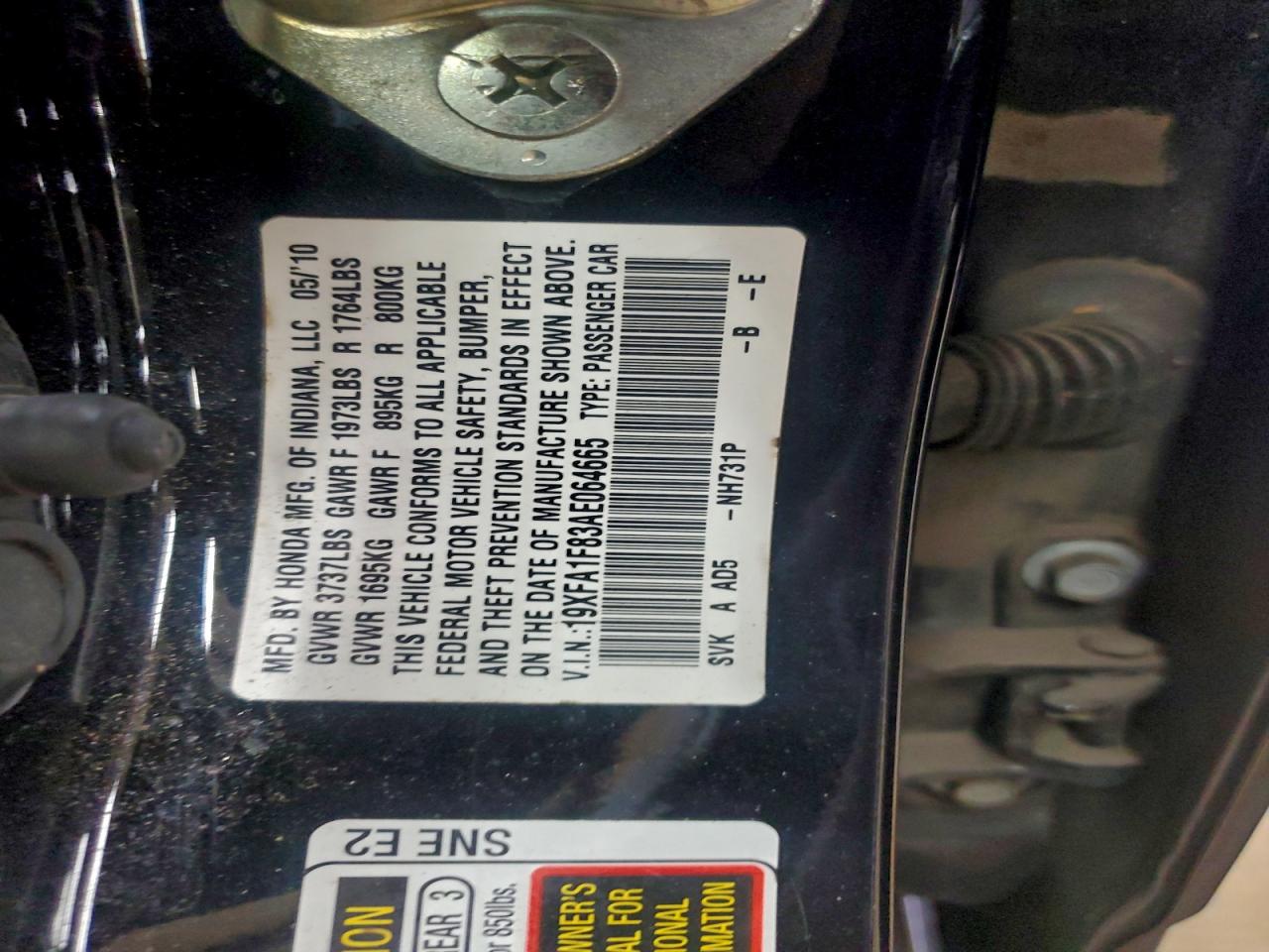 2010 Honda Civic Ex VIN: 19XFA1F83AE064665 Lot: 93951355