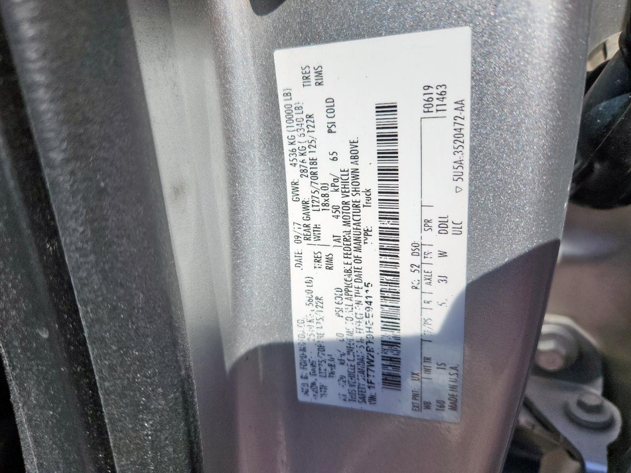 2017 Ford F250 Super Duty VIN: 1FT7W2BT9HEE94115 Lot: 91843665