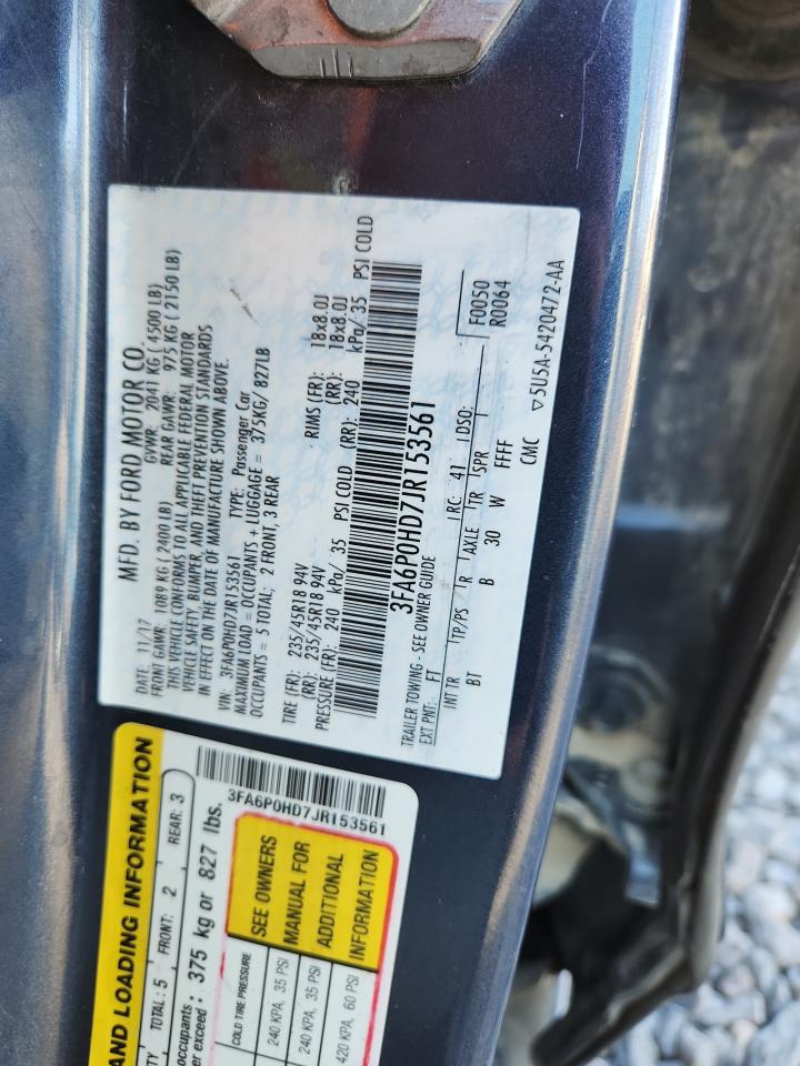 2018 Ford Fusion Se VIN: 3FA6P0HD7JR153561 Lot: 92323615