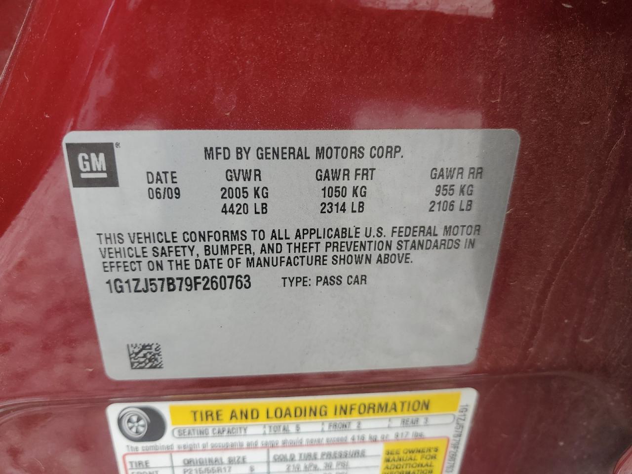 2009 Chevrolet Malibu 2Lt VIN: 1G1ZJ57B79F260763 Lot: 92816995