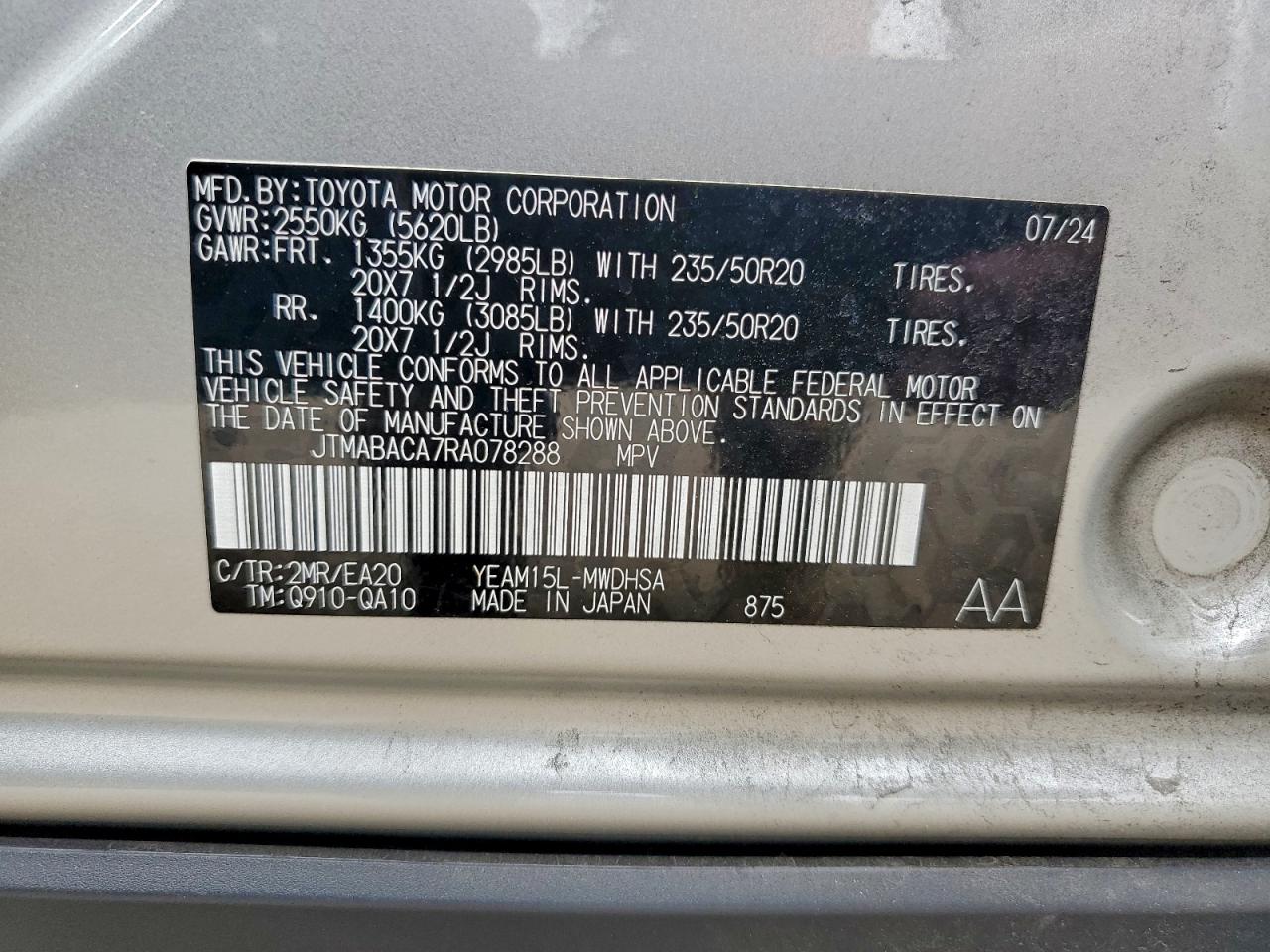 2024 Toyota Bz4X Xle VIN: JTMABACA7RA078288 Lot: 94027175