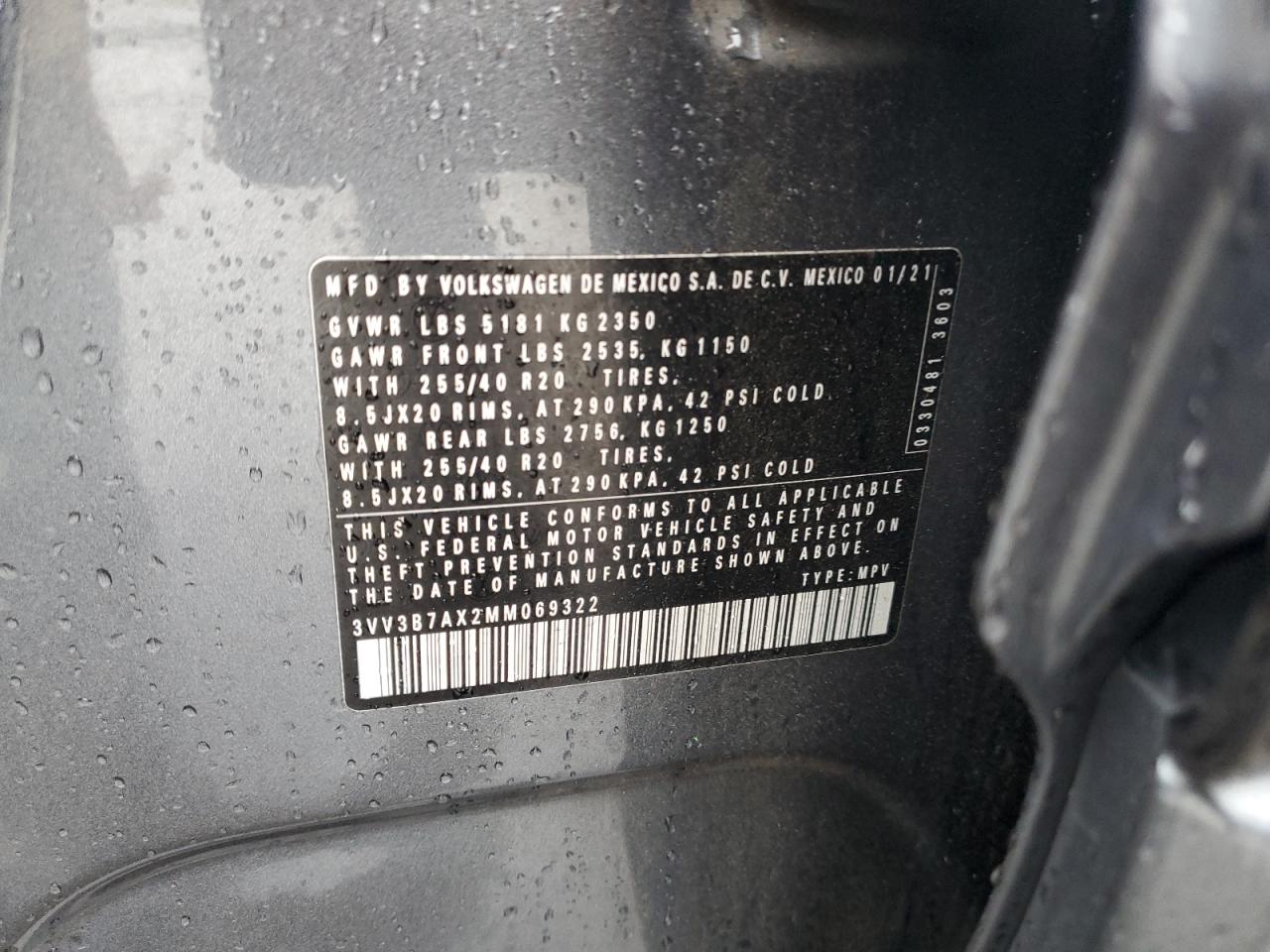 2021 Volkswagen Tiguan Se VIN: 3VV3B7AX2MM069322 Lot: 92757445