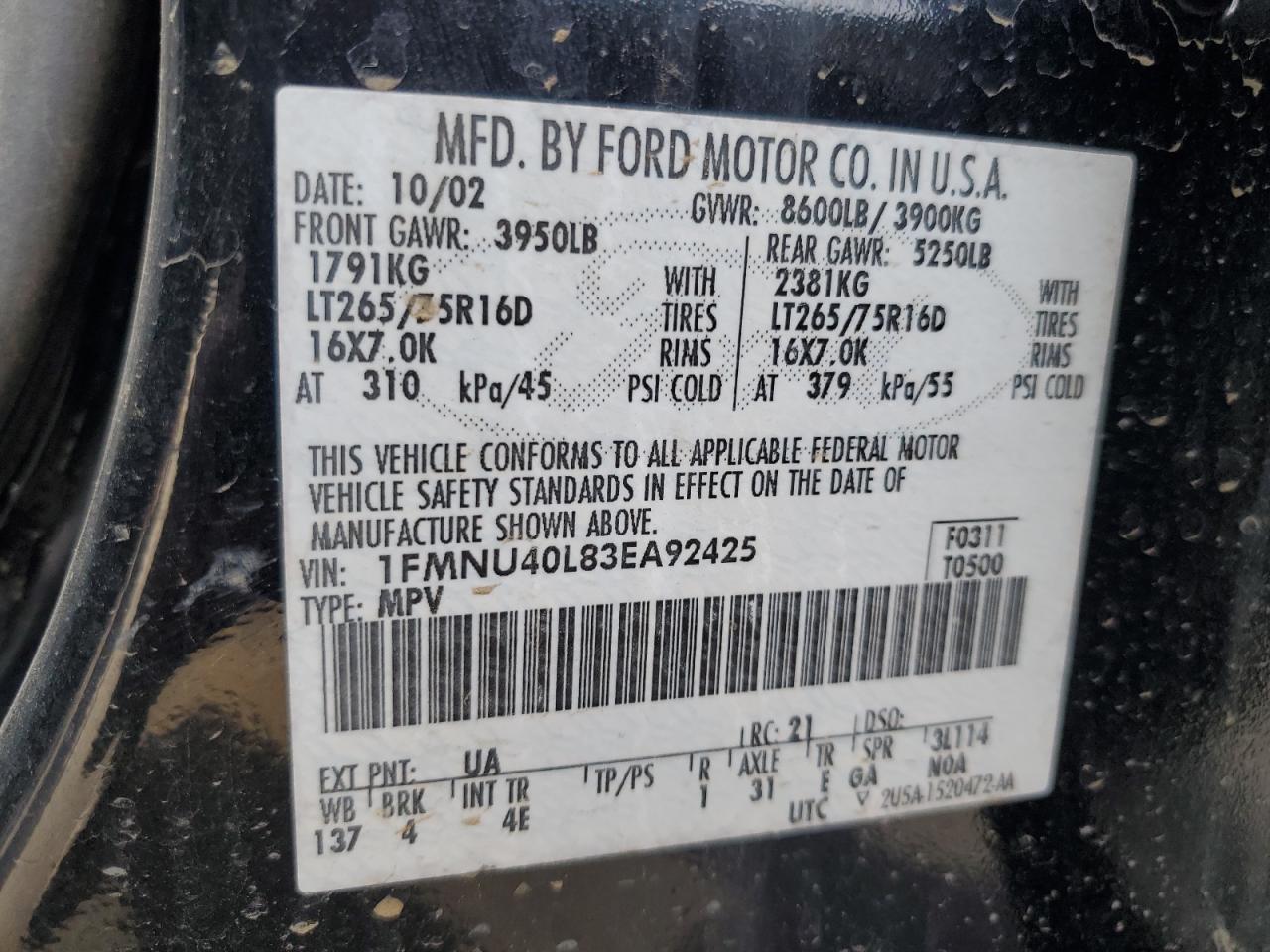 2003 Ford Excursion Xlt VIN: 1FMNU40L83EA92425 Lot: 92522135