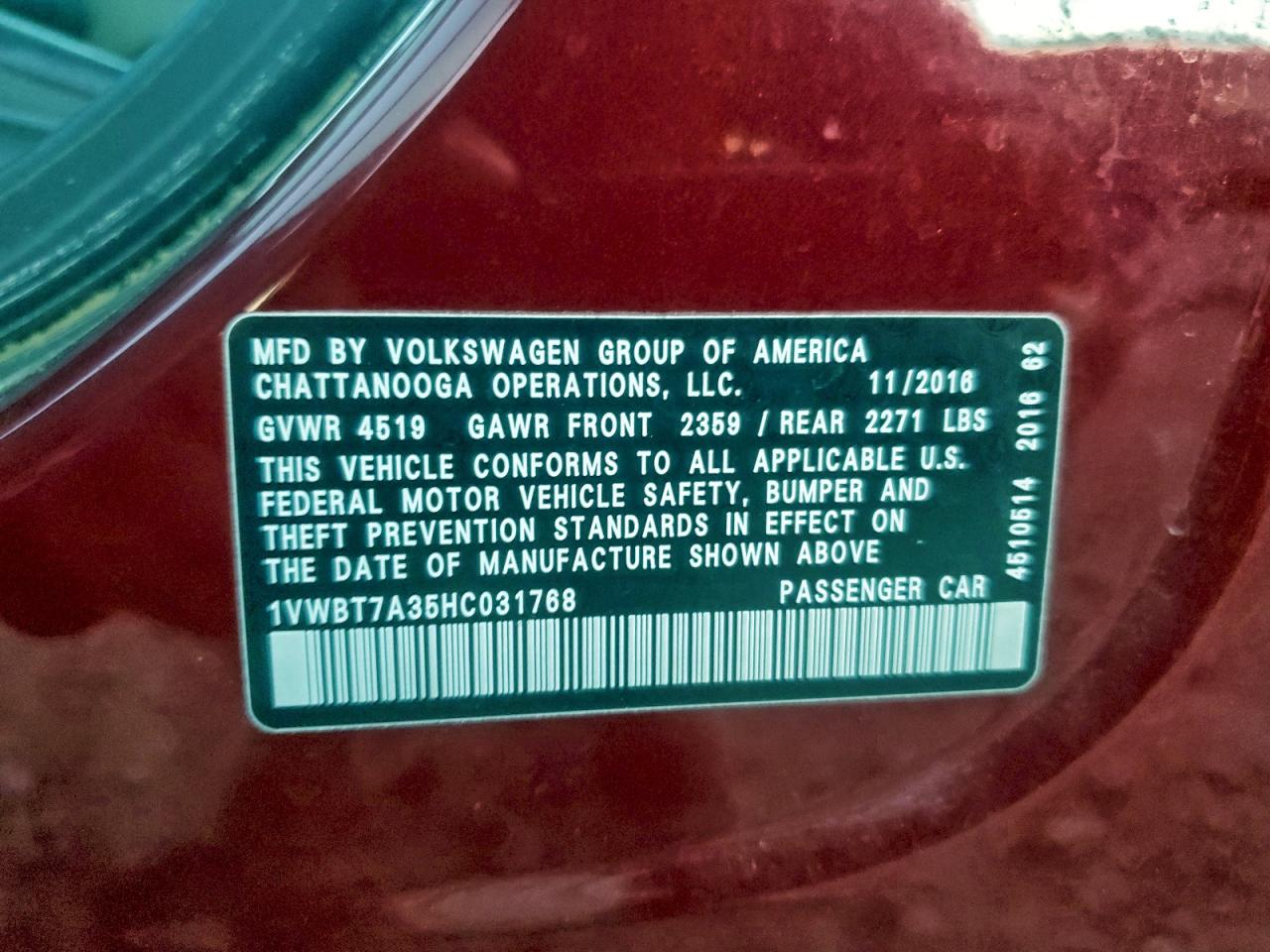 2017 Volkswagen Passat Se VIN: 1VWBT7A35HC031768 Lot: 94181475