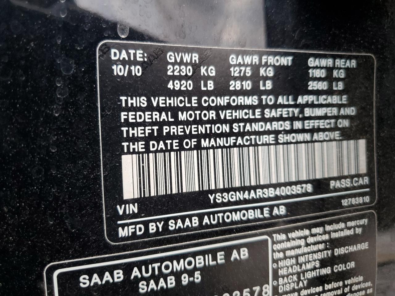 2011 Saab 9-5 Turbo VIN: YS3GN4AR3B4003578 Lot: 92145425