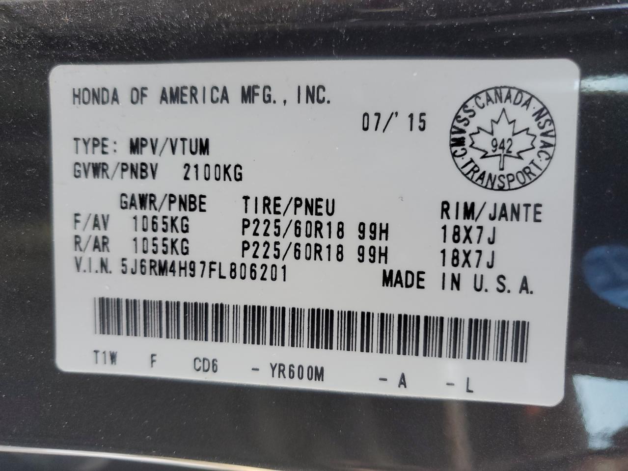 2015 Honda Cr-V Touring VIN: 5J6RM4H97FL806201 Lot: 90550385