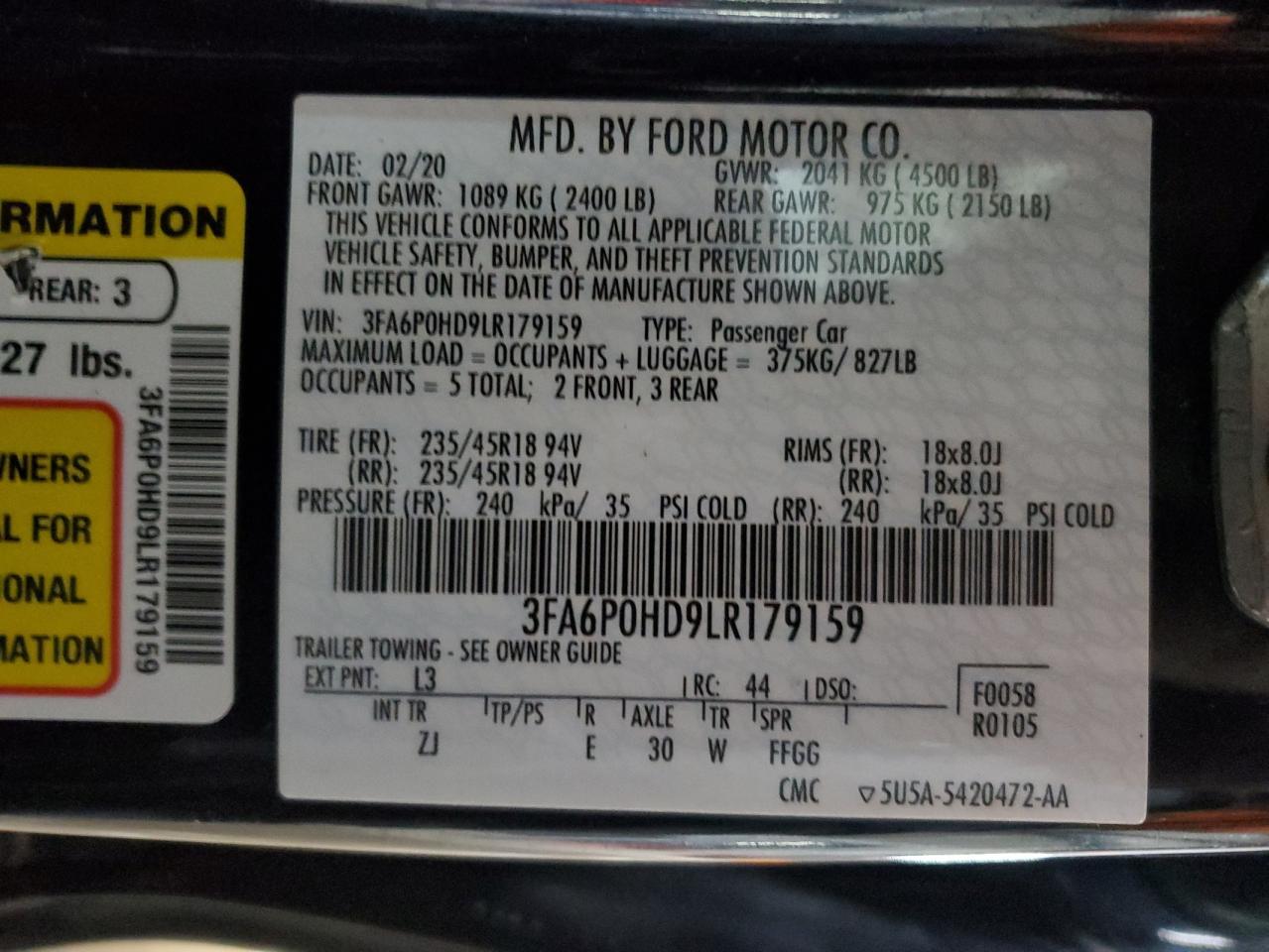 2020 Ford Fusion Se VIN: 3FA6P0HD9LR179159 Lot: 92365725