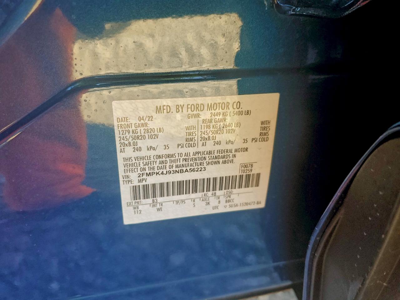 2022 Ford Edge Sel VIN: 2FMPK4J93NBA56223 Lot: 92215585