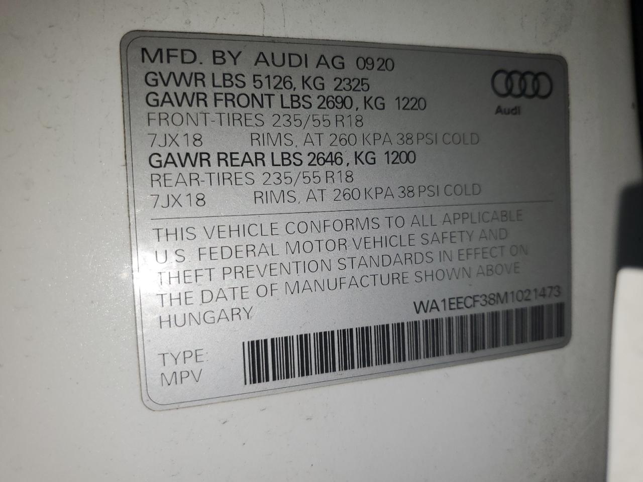 2021 Audi Q3 Premium Plus S Line 45 VIN: WA1EECF38M1021473 Lot: 91944875