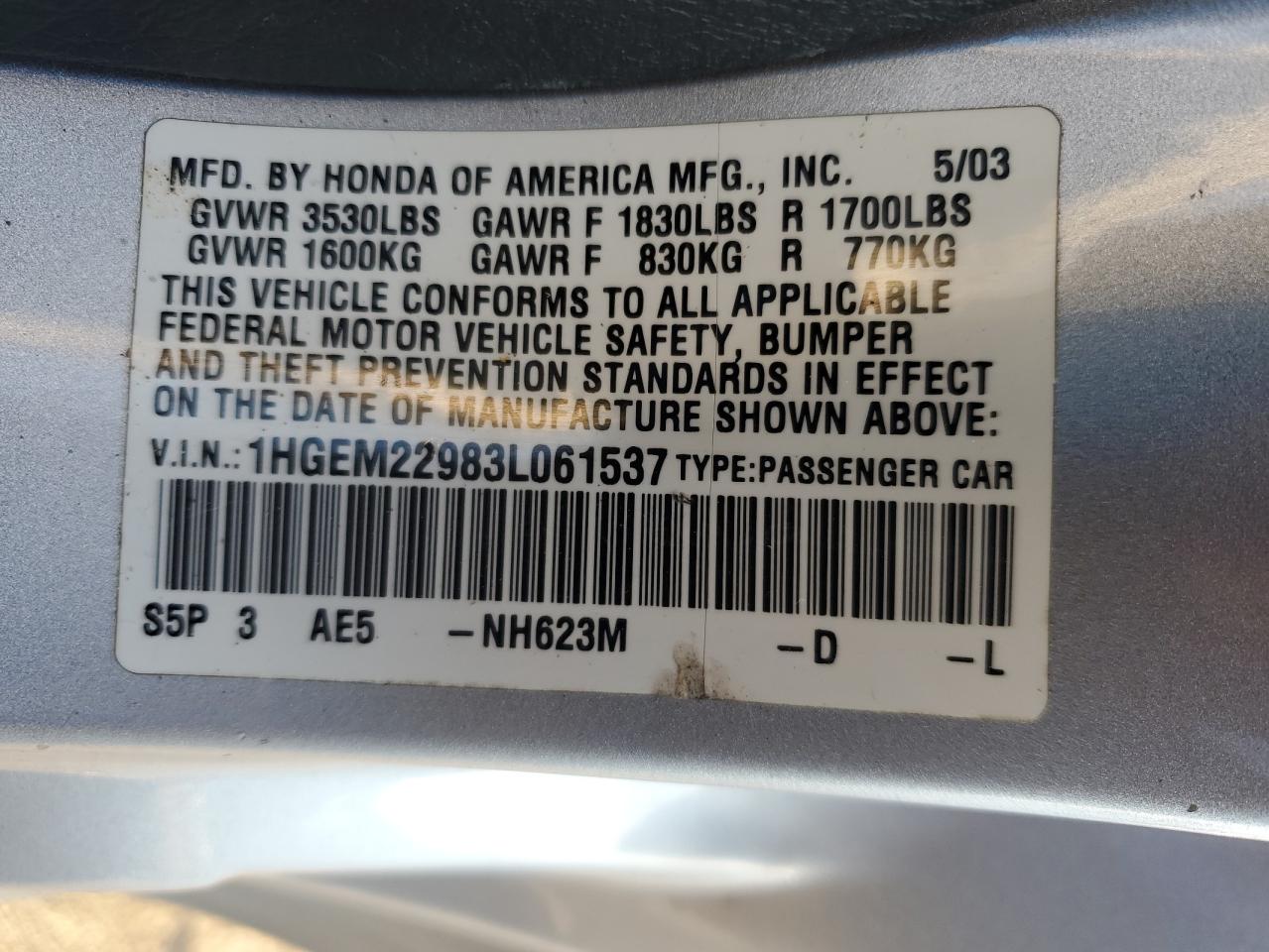 2003 Honda Civic Ex VIN: 1HGEM22983L061537 Lot: 91634095