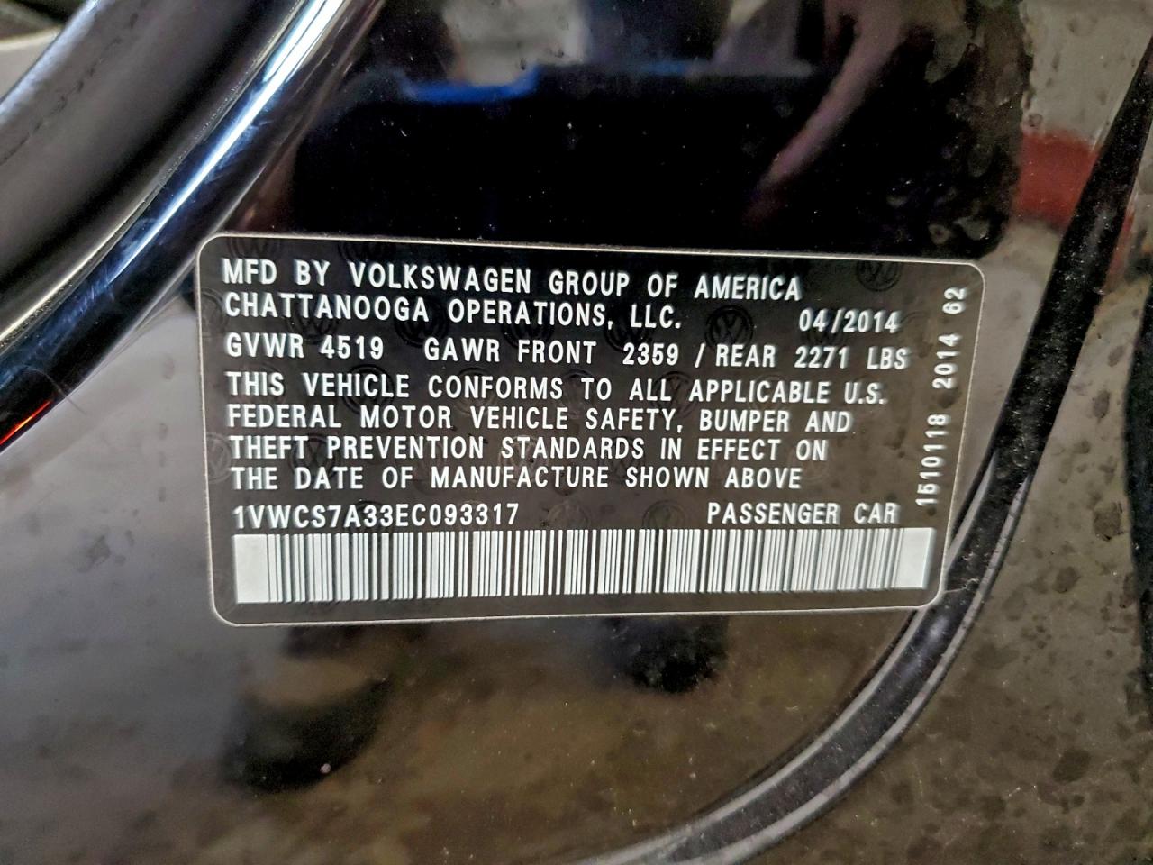 2014 Volkswagen Passat Sel VIN: 1VWCS7A33EC093317 Lot: 94246495