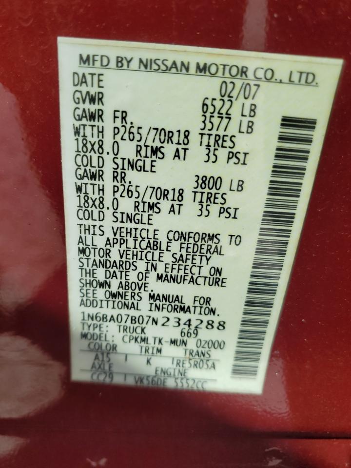 2007 Nissan Titan Xe VIN: 1N6BA07B07N234288 Lot: 92896525