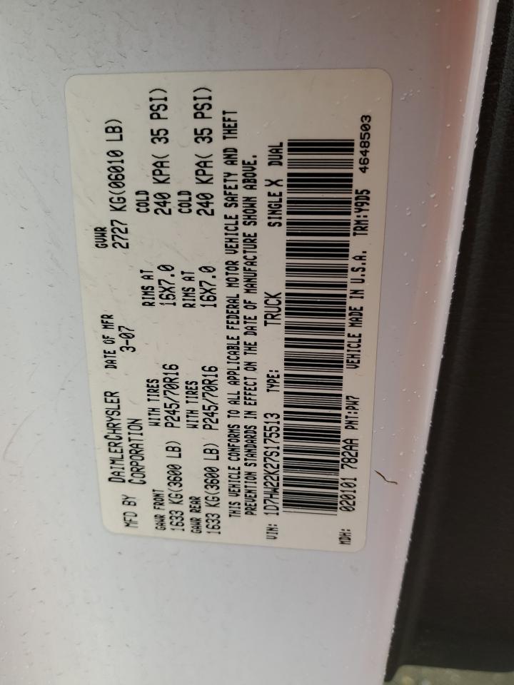 2007 Dodge Dakota St VIN: 1D7HW22K27S175513 Lot: 93027095