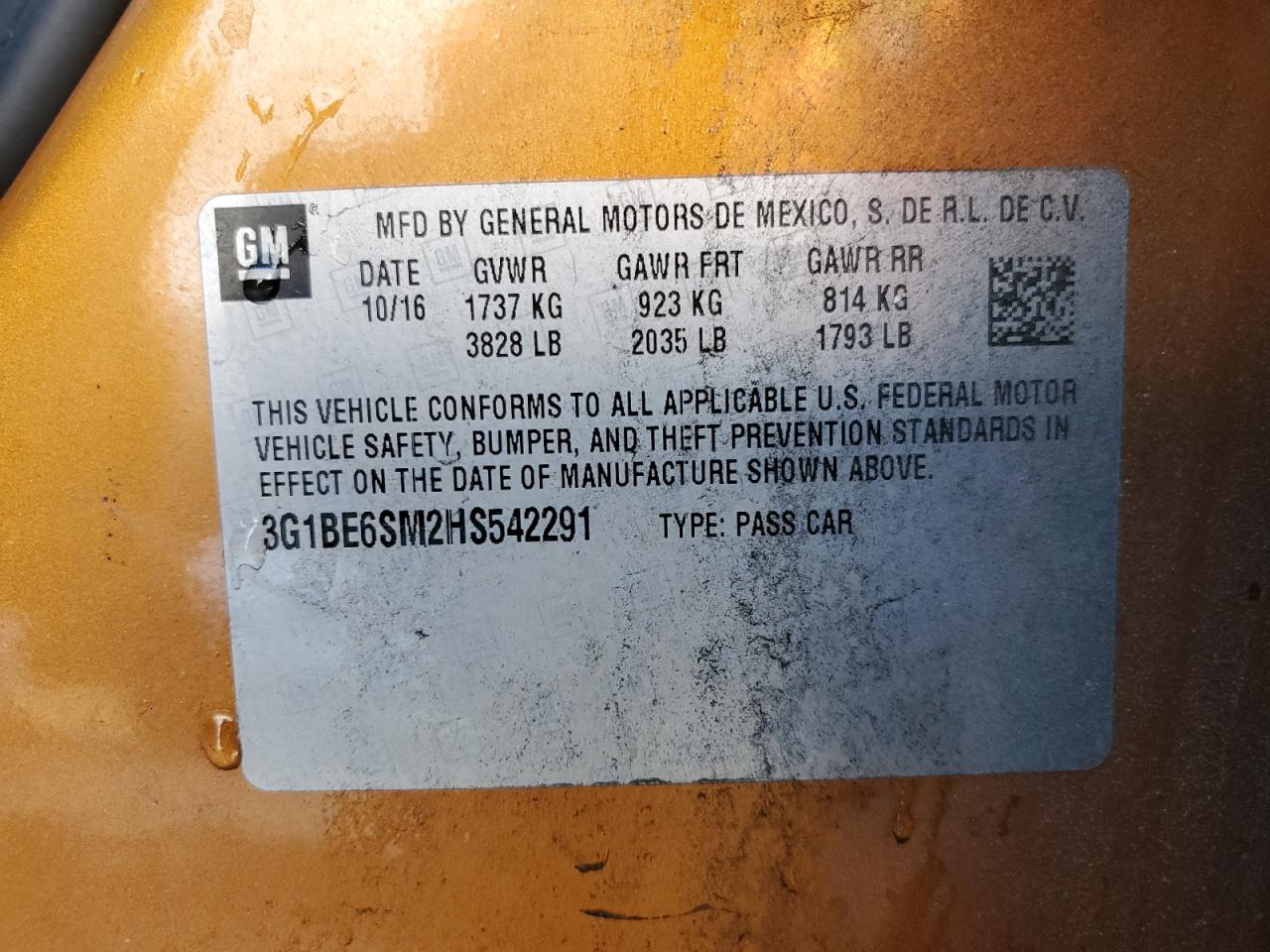 2017 Chevrolet Cruze Lt VIN: 3G1BE6SM2HS542291 Lot: 93513115