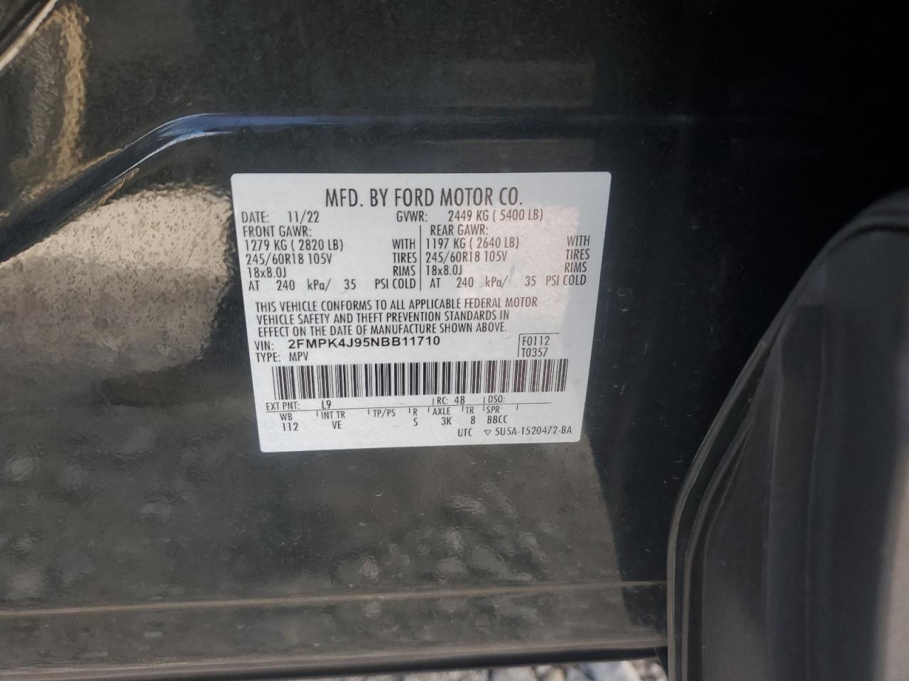 2022 Ford Edge Sel VIN: 2FMPK4J95NBB11710 Lot: 91170645