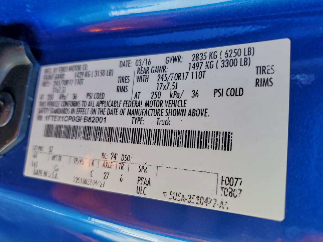 2016 Ford F150 Super Cab VIN: 1FTEX1CP0GFB82001 Lot: 94147255