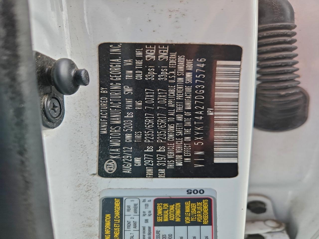 2013 Kia Sorento Lx VIN: 5XYKT4A27DG375746 Lot: 92752885