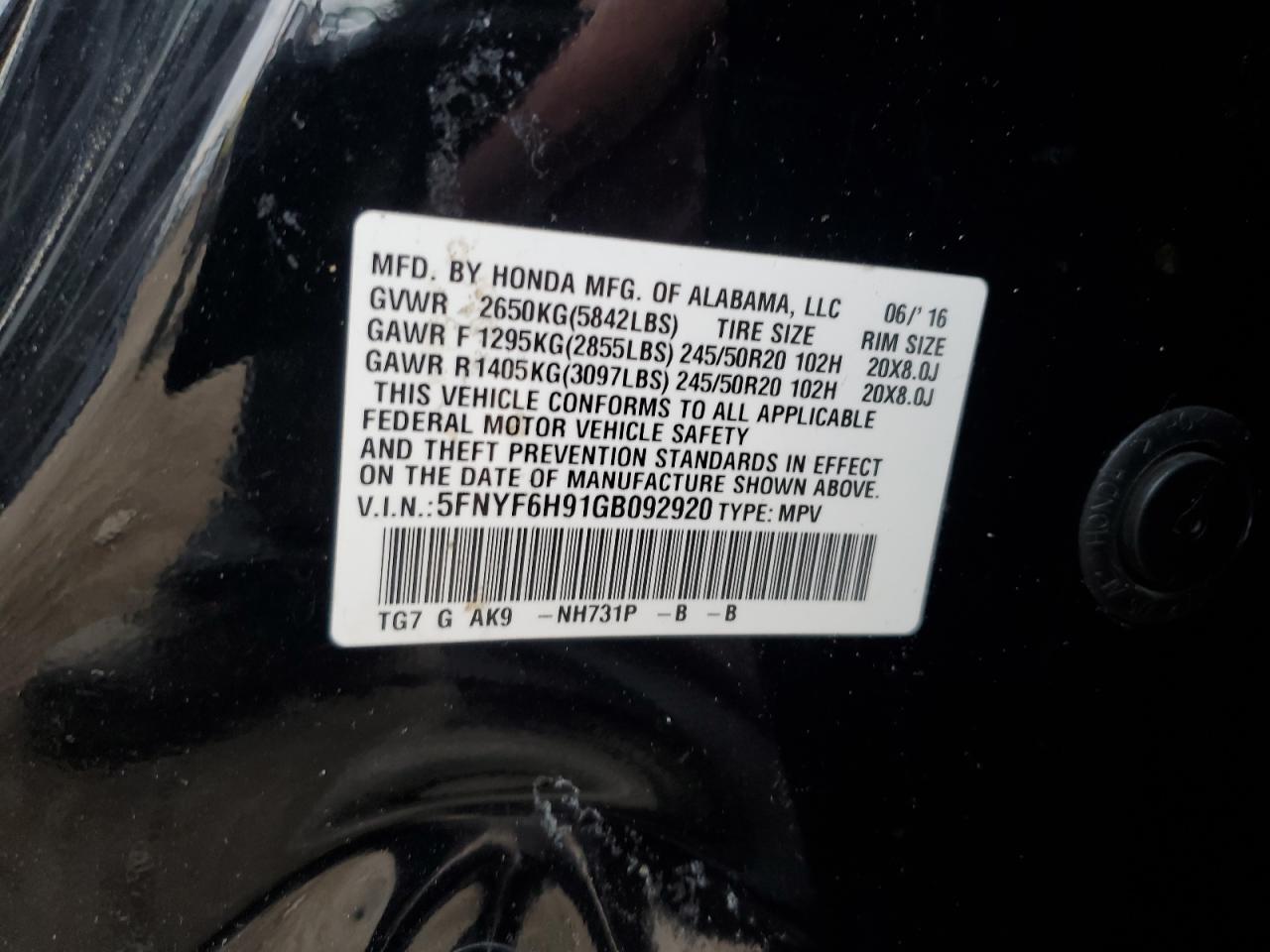 2016 Honda Pilot Touring VIN: 5FNYF6H91GB092920 Lot: 92436005