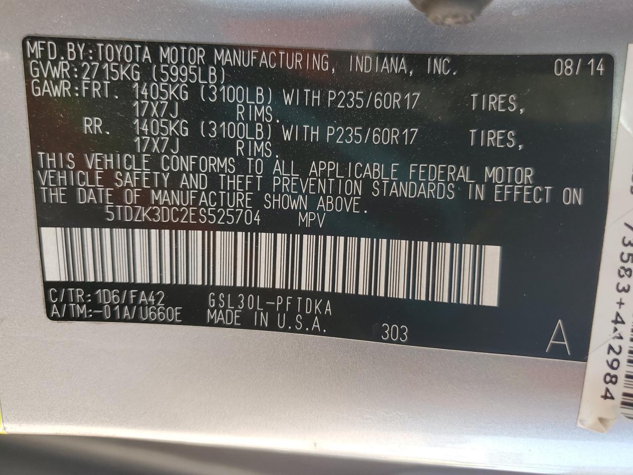 2014 Toyota Sienna VIN: 5TDZK3DC2ES525704 Lot: 90754395