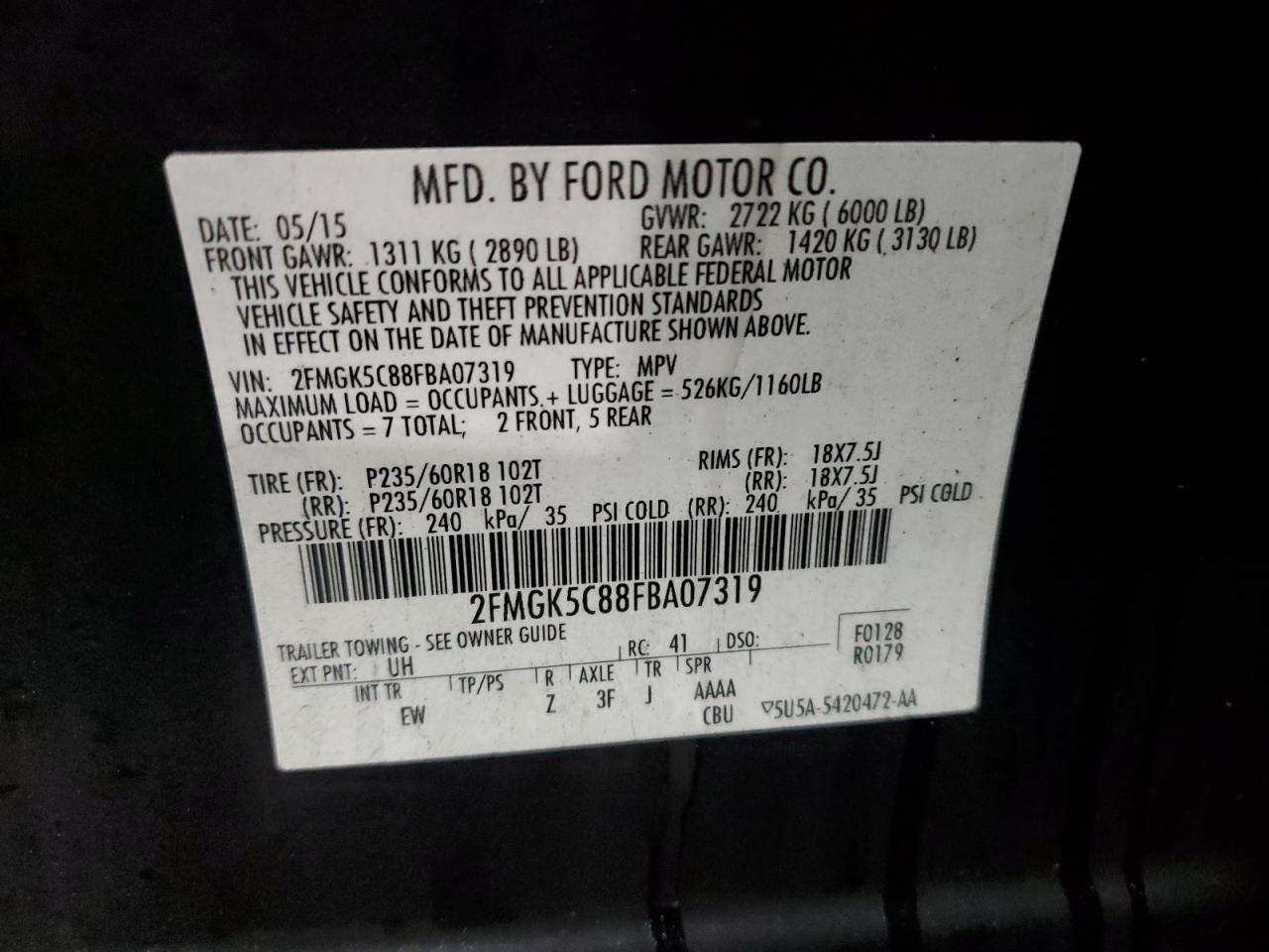 2015 Ford Flex Sel VIN: 2FMGK5C88FBA07319 Lot: 90592435