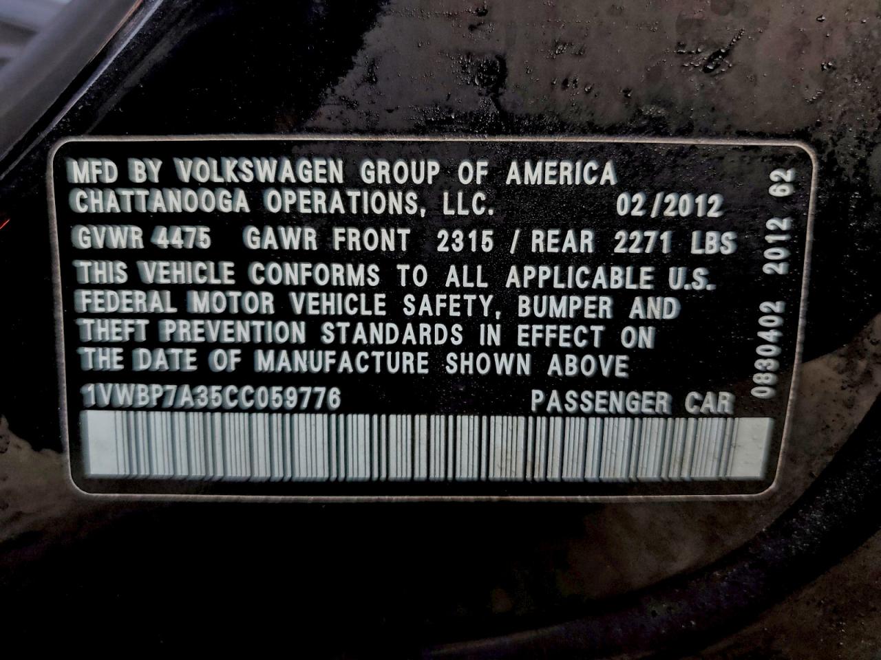 2012 Volkswagen Passat Se VIN: 1VWBP7A35CC059776 Lot: 93387235