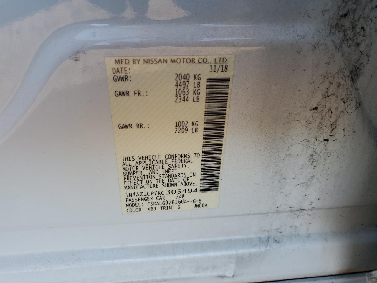 2019 Nissan Leaf S VIN: 1N4AZ1CP7KC305494 Lot: 91354745