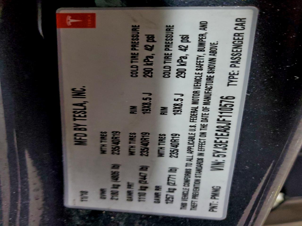 2018 Tesla Model 3 VIN: 5YJ3E1EA8JF110576 Lot: 93467585