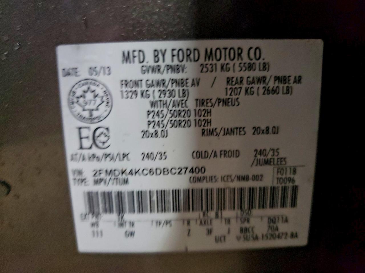 2013 Ford Edge Limited VIN: 2FMDK4KC6DBC27400 Lot: 93355335