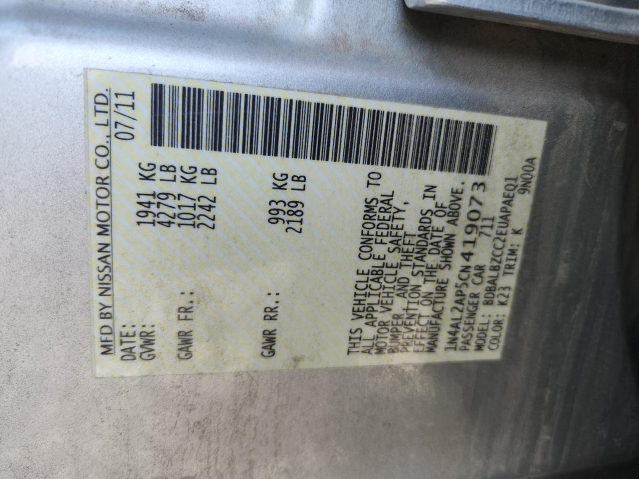 2012 Nissan Altima Base VIN: 1N4AL2AP5CN419073 Lot: 92298945