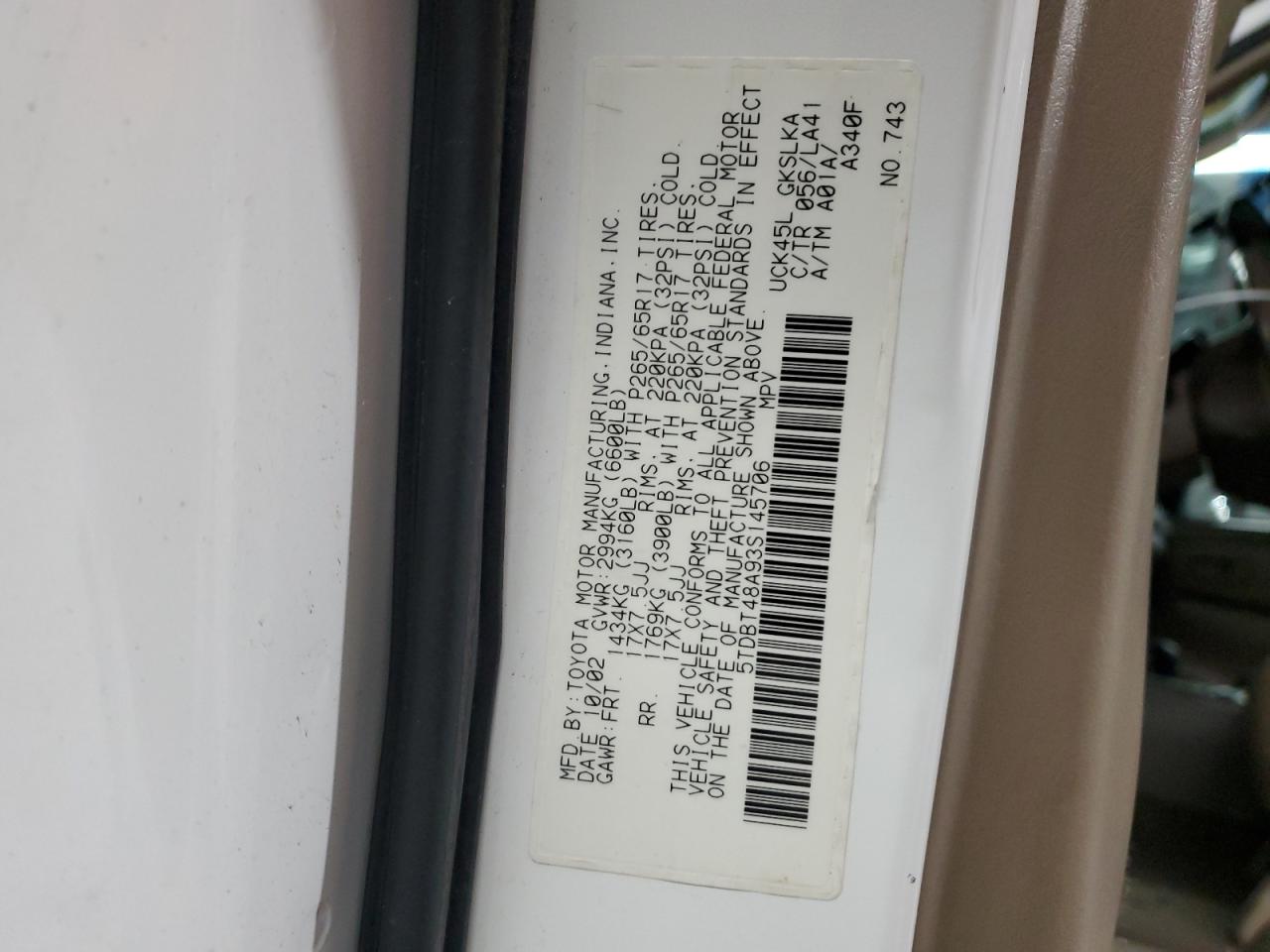 2003 Toyota Sequoia Limited VIN: 5TDBT48A93S145706 Lot: 92448715