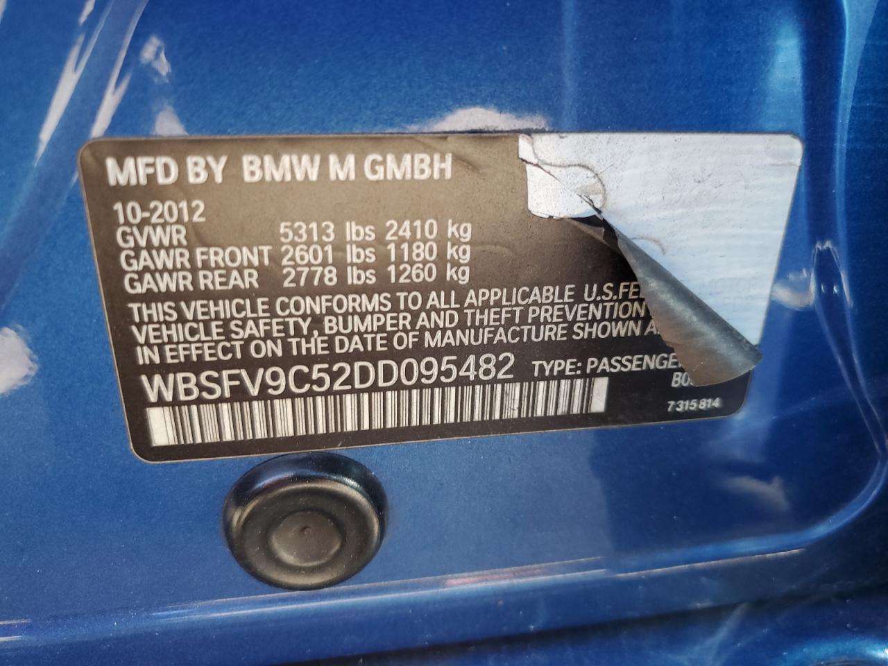 2013 BMW M5 VIN: WBSFV9C52DD095482 Lot: 92118135