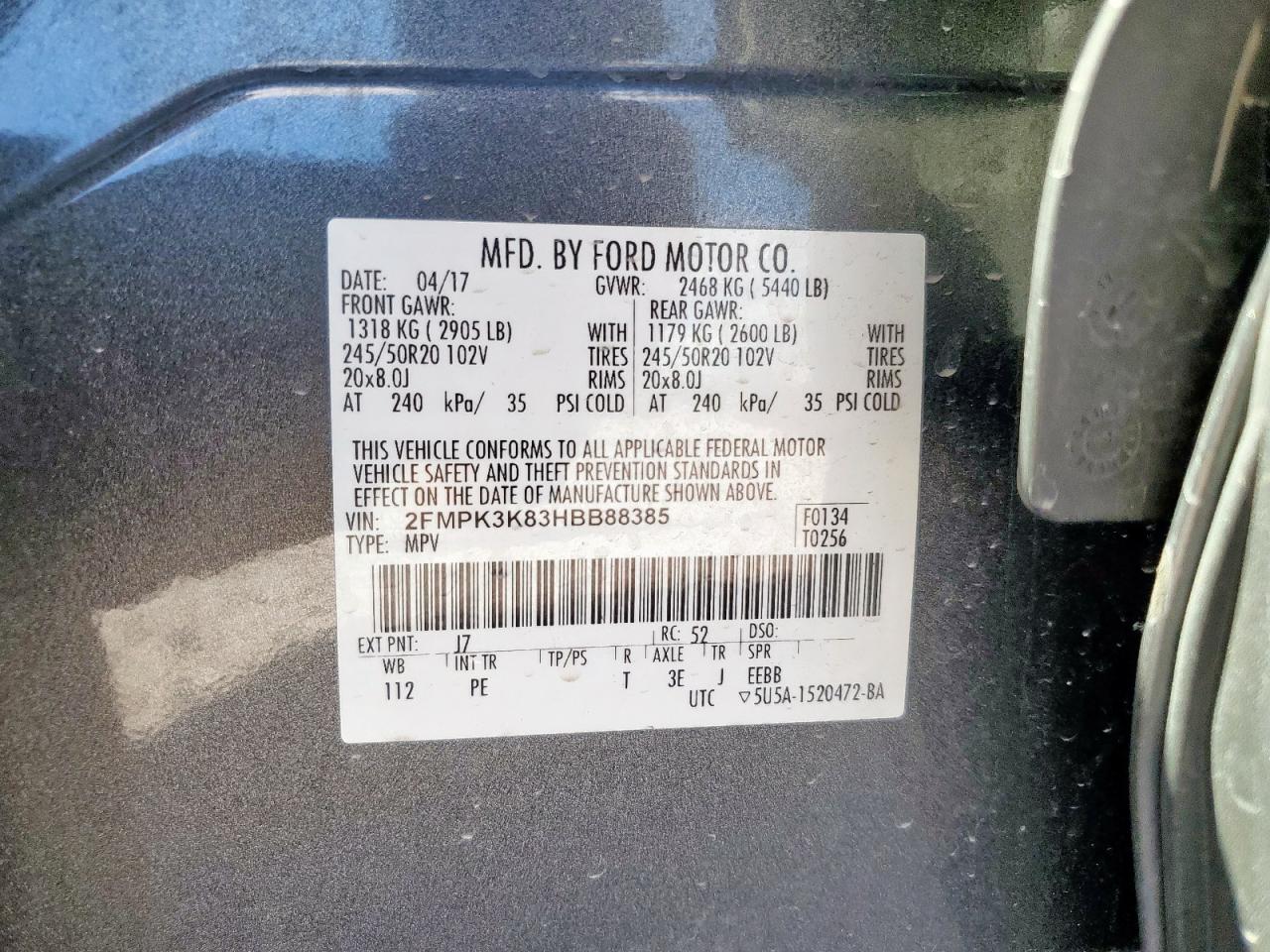 2017 Ford Edge Titanium VIN: 2FMPK3K83HBB88385 Lot: 91579495