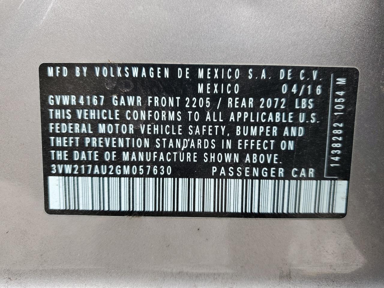 2016 Volkswagen Golf S/Se VIN: 3VW217AU2GM057630 Lot: 94017505