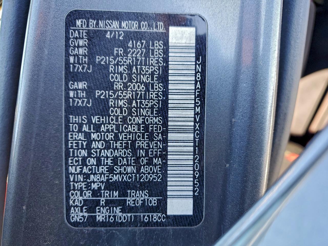 2012 Nissan Juke S VIN: JN8AF5MVXCT120952 Lot: 93855295