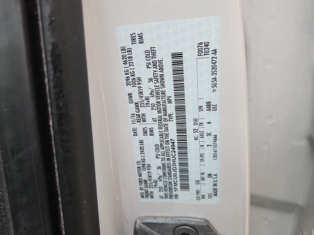 2017 Ford Escape Titanium VIN: 1FMCU0JD3HUC24947 Lot: 93632675