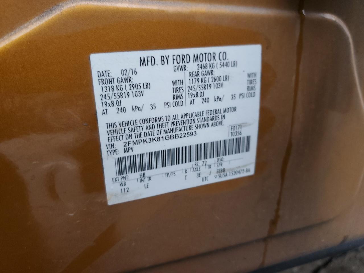 2016 Ford Edge Titanium VIN: 2FMPK3K81GBB22593 Lot: 93003575