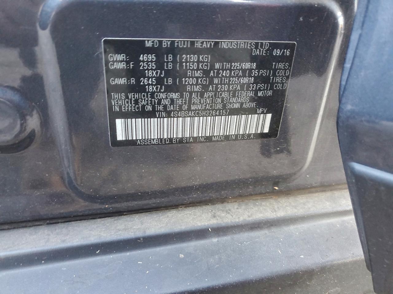 2017 Subaru Outback 2.5I Limited VIN: 4S4BSAKC5H3264157 Lot: 92539875