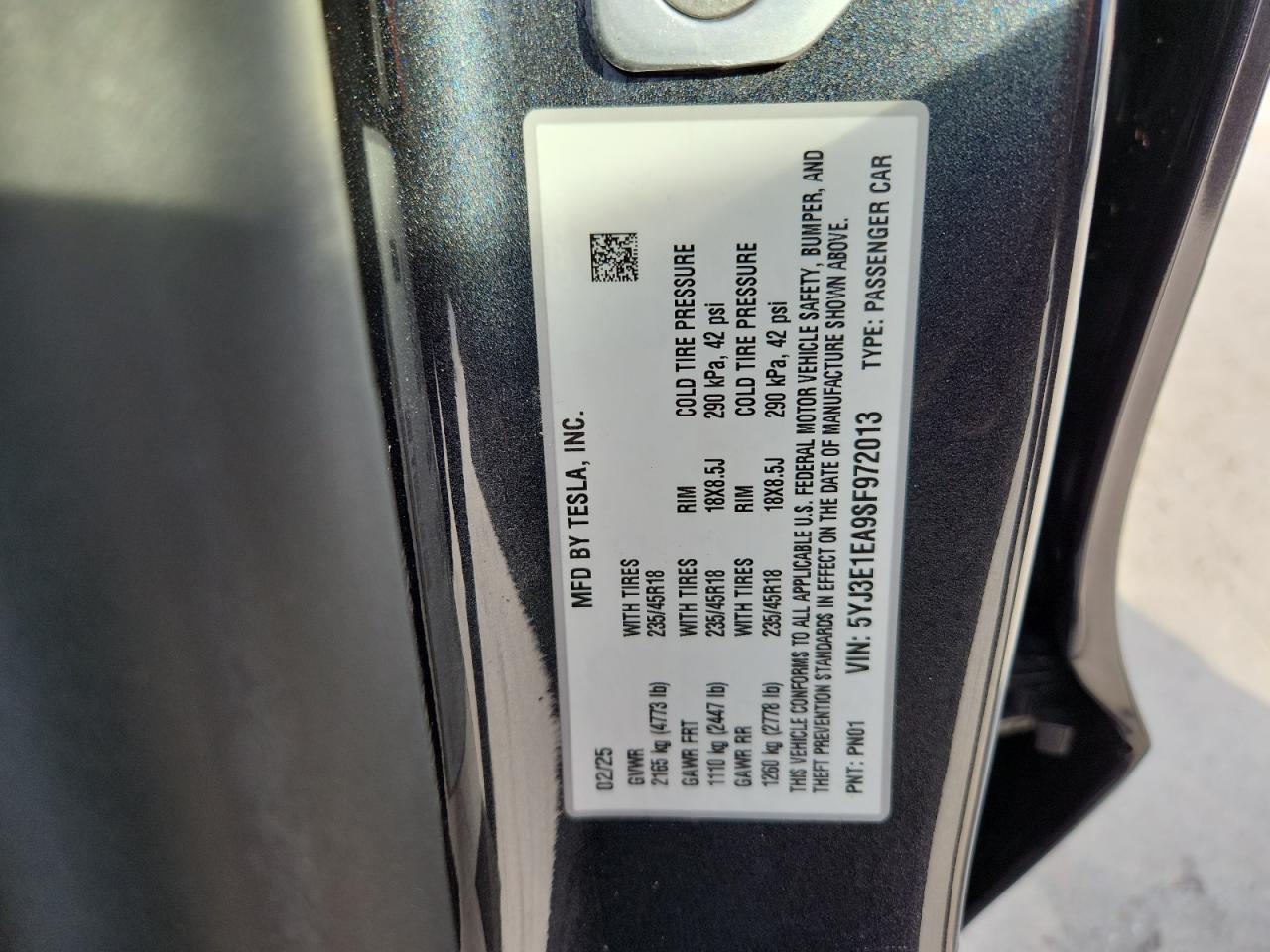 2025 Tesla Model 3 VIN: 5YJ3E1EA9SF972013 Lot: 91123275