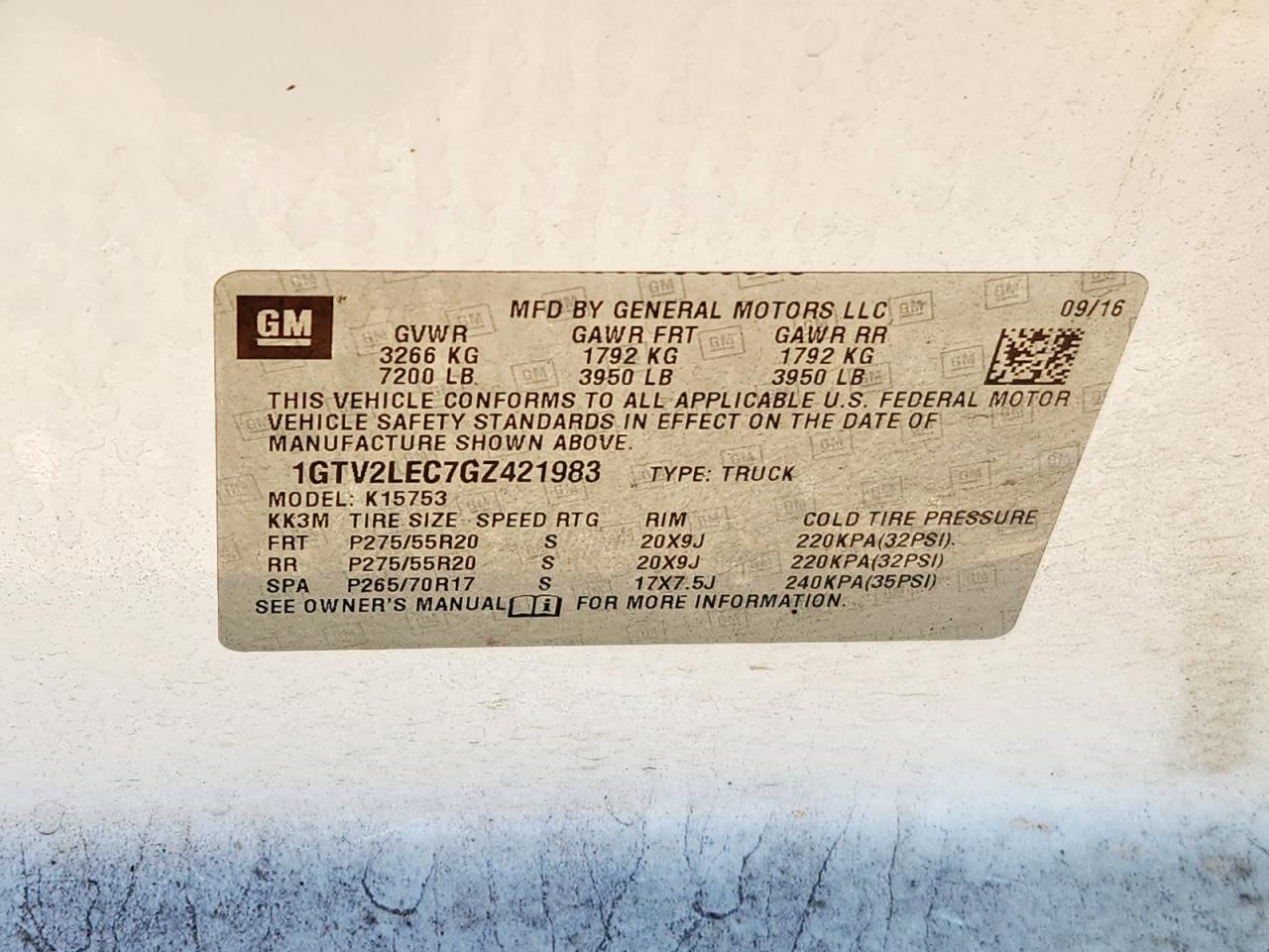 2016 GMC Sierra K1500 VIN: 1GTV2LEC7GZ421983 Lot: 92027345
