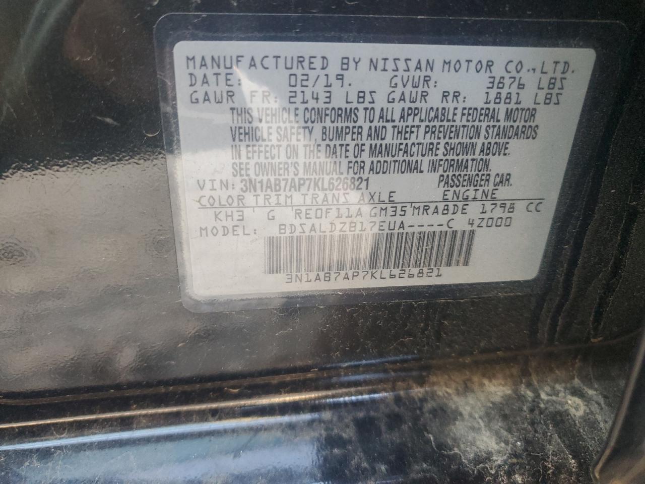 2019 Nissan Sentra S VIN: 3N1AB7AP7KL626821 Lot: 91605055