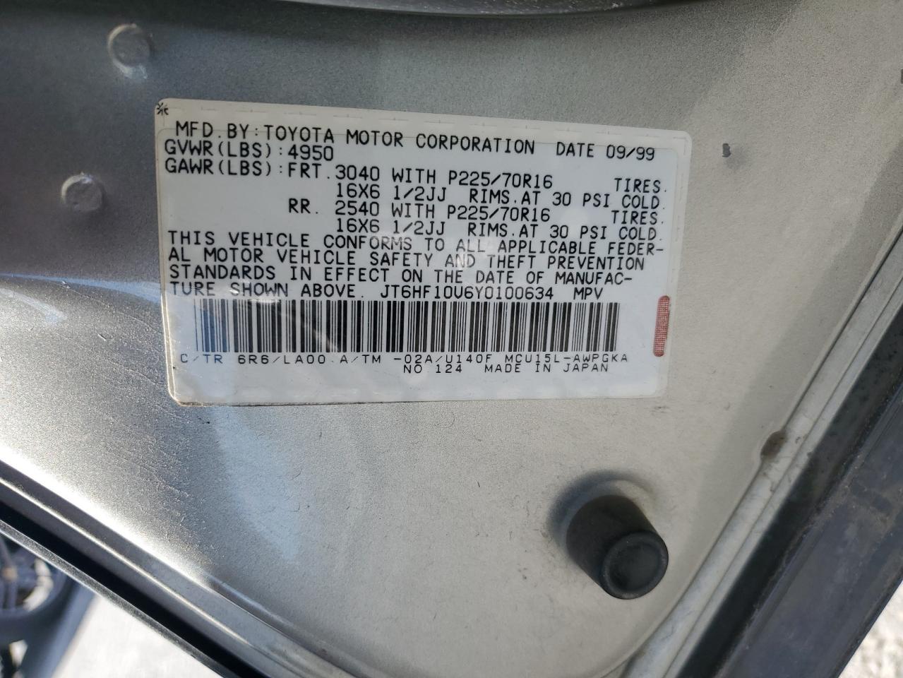 2000 Lexus Rx 300 VIN: JT6HF10U6Y0100634 Lot: 93294845