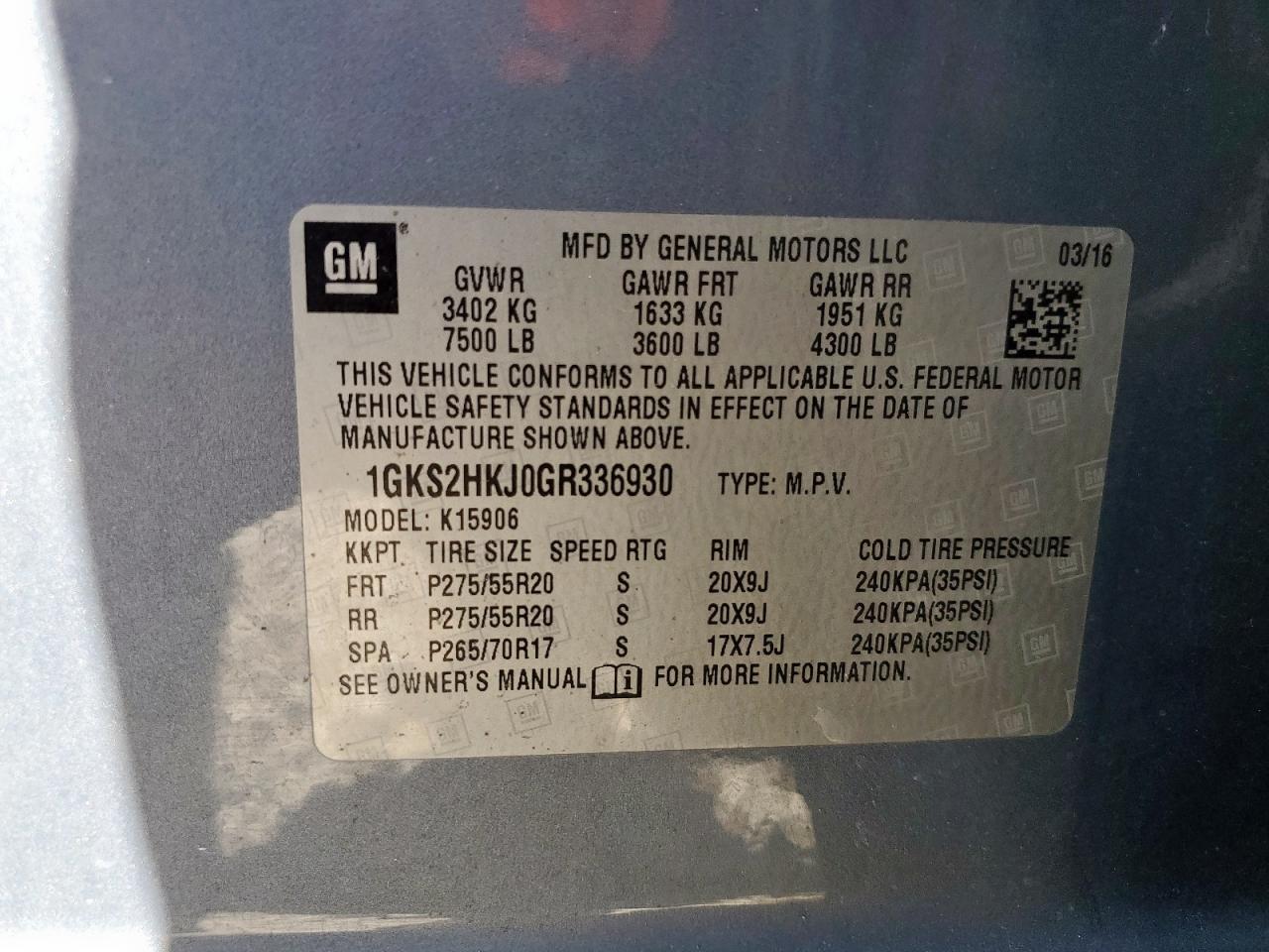 2016 GMC Yukon Xl Denali VIN: 1GKS2HKJ0GR336930 Lot: 91310795