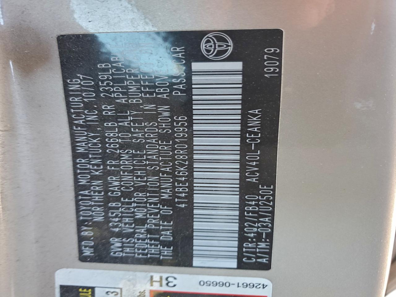 2008 Toyota Camry Ce VIN: 4T4BE46K28R019956 Lot: 94085535