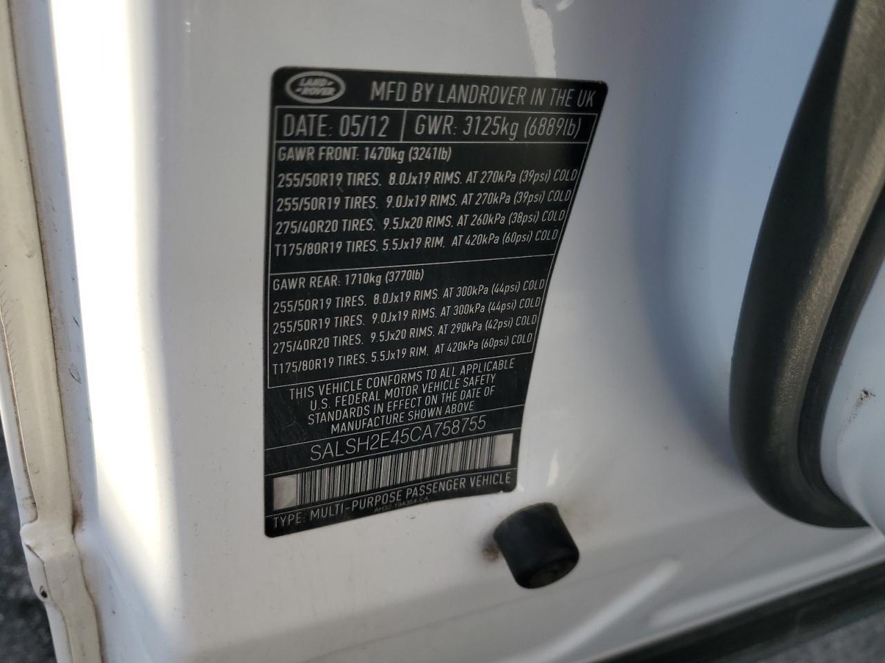 2012 Land Rover Range Rover Sport Sc VIN: SALSH2E45CA758755 Lot: 92063915