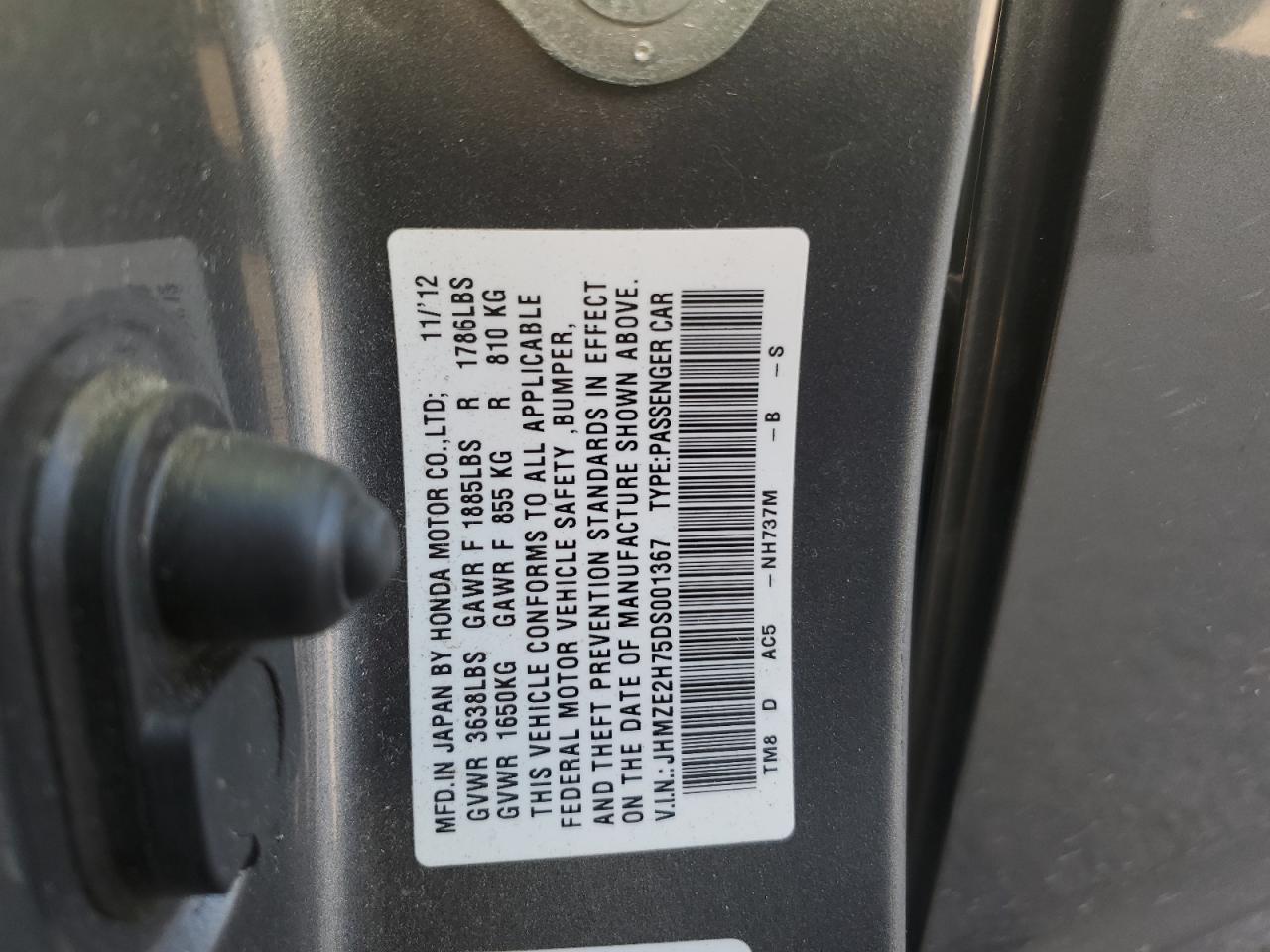 2013 Honda Insight Ex VIN: JHMZE2H75DS001367 Lot: 91174035